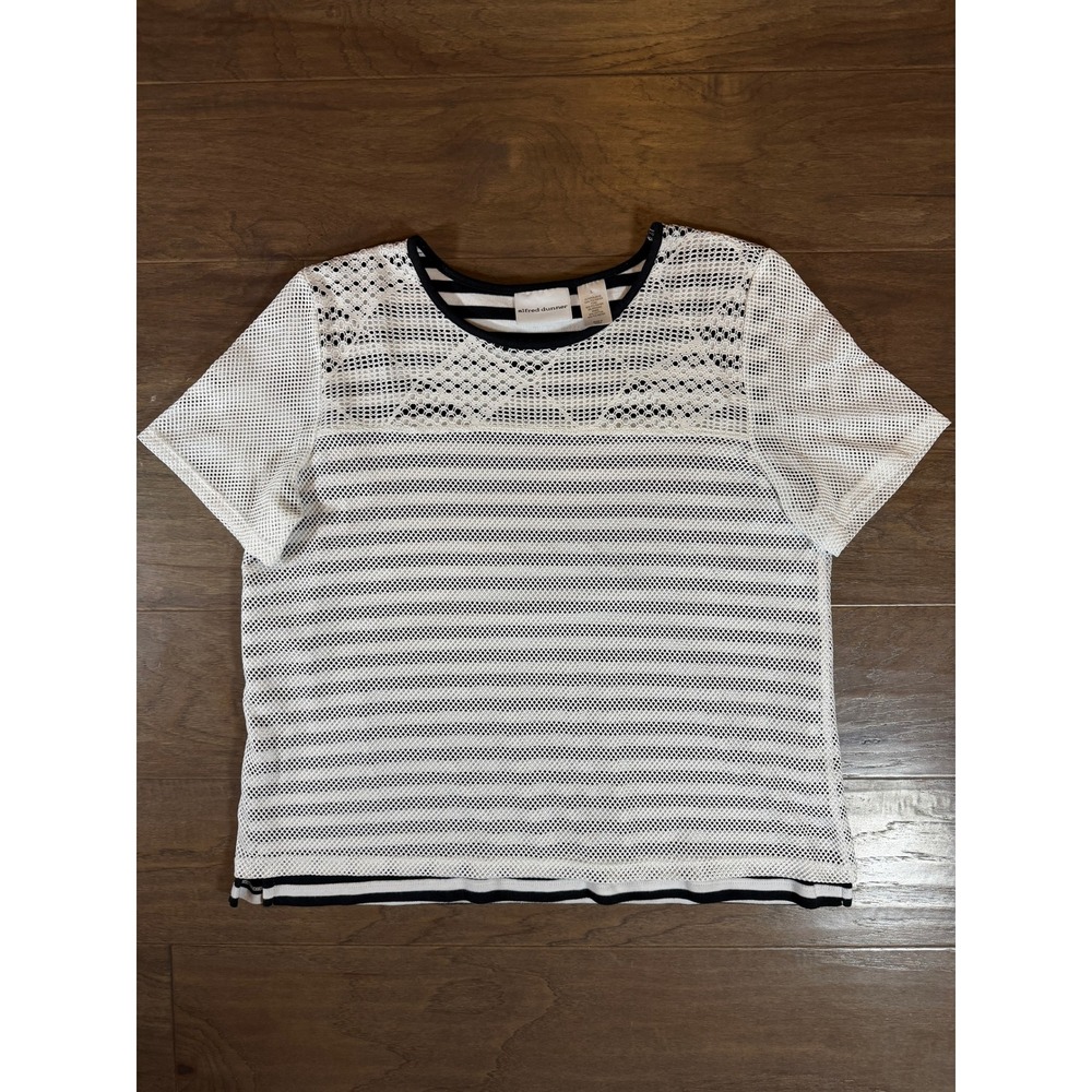 Alfred Dunner Womens White Mesh Layered Striped Short Sleeve Top Black White L